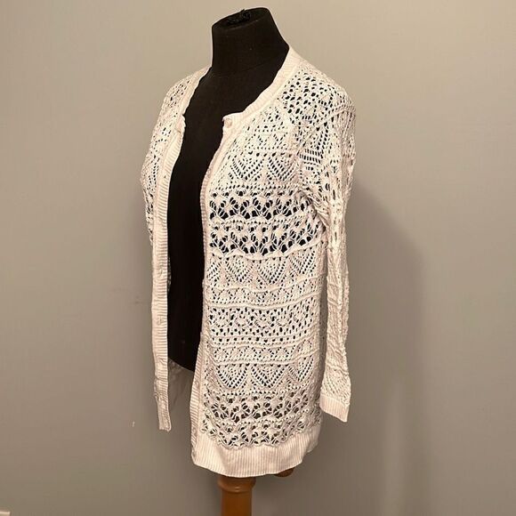 VanHeusen Women's Ivory Crochet Open Stitch Button Front Cardigan Sweater - Picture 2 of 6